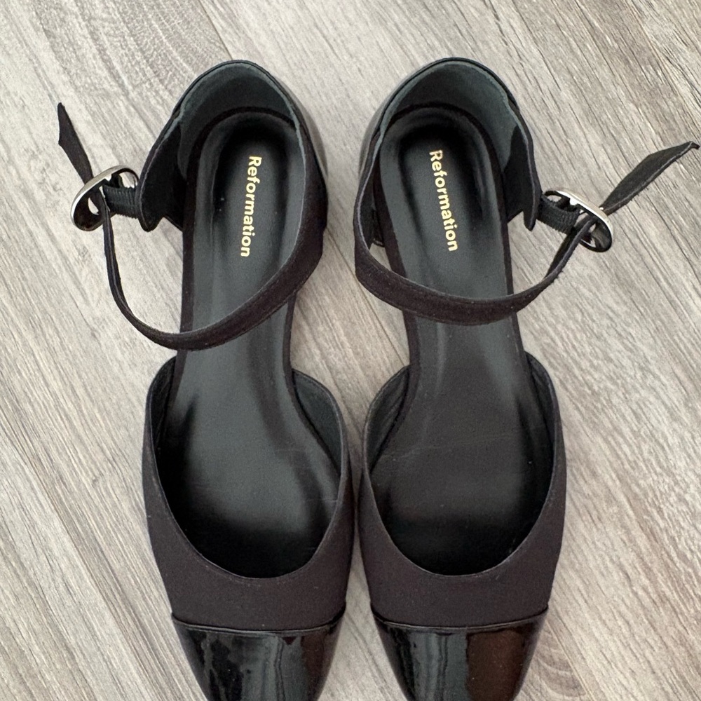 Reformation Black Ankle-Strap Pointed-Toe Heels